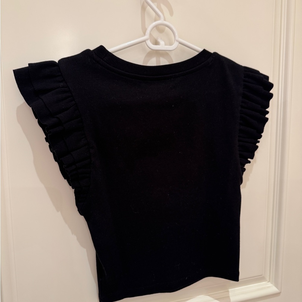 Zara Black Ruffle Sleeve Ribbed Top - Picture 6 of 7